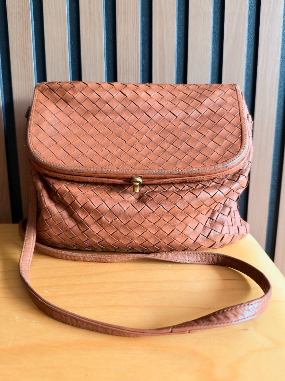 Vintage Bottega Veneta Brown Intrecciato Woven Leather Shoulder Bag